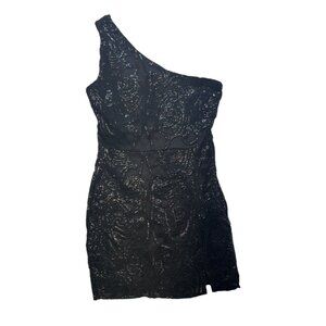 Lulus Womens Sequin One-Shoulder Dress S Black Party
